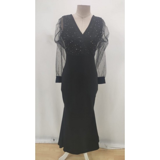 Kadın Uzun Kollu Kruvaze Yakalı Taş Ve Tül Detaylı Uzun Ithal Krep Elbise, 29356 Kadın Uzun Kollu Kruvaze Yakalı Taş Ve Tül Detaylı Uzun Ithal Krep Elbise, 29356