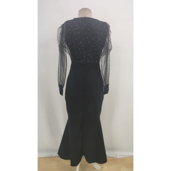 Kadın Uzun Kollu Kruvaze Yakalı Taş Ve Tül Detaylı Uzun Ithal Krep Elbise, 29356 Kadın Uzun Kollu Kruvaze Yakalı Taş Ve Tül Detaylı Uzun Ithal Krep Elbise, 29356