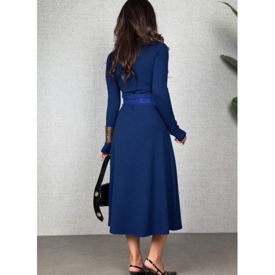 Kadın Uzun Kollu Yakalı Belden Deri Detaylı Kuşaklı Yırtmaçlı Midi Viskon Iki Iplik Elbise, 29360