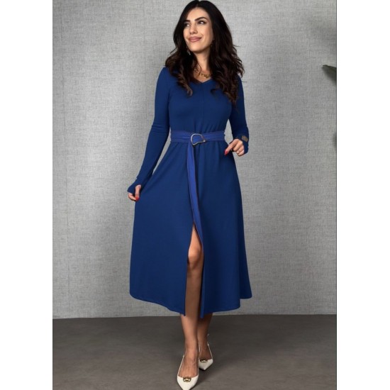 Kadın Uzun Kollu Yakalı Belden Deri Detaylı Kuşaklı Yırtmaçlı Midi Viskon Iki Iplik Elbise, 29360