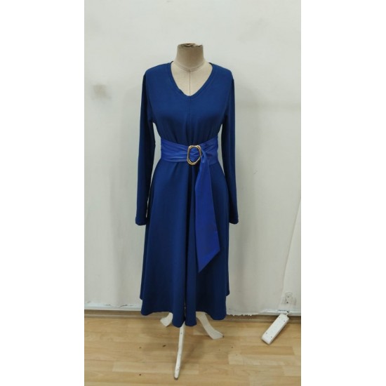 Kadın Uzun Kollu Yakalı Belden Deri Detaylı Kuşaklı Yırtmaçlı Midi Viskon Iki Iplik Elbise, 29360