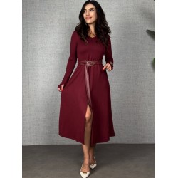 Kadın Uzun Kollu Yakalı Belden Deri Detaylı Kuşaklı Yırtmaçlı Midi Viskon Iki Iplik Elbise, 29359