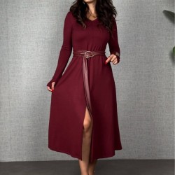 Kadın Uzun Kollu Yakalı Belden Deri Detaylı Kuşaklı Yırtmaçlı Midi Viskon Iki Iplik Elbise, 29359