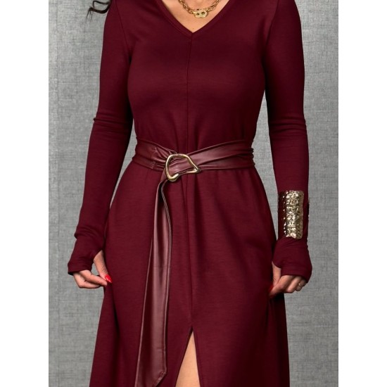 Kadın Uzun Kollu Yakalı Belden Deri Detaylı Kuşaklı Yırtmaçlı Midi Viskon Iki Iplik Elbise, 29359 Kadın Uzun Kollu Yakalı Belden Deri Detaylı Kuşaklı Yırtmaçlı Midi Viskon Iki Iplik Elbise, 29359