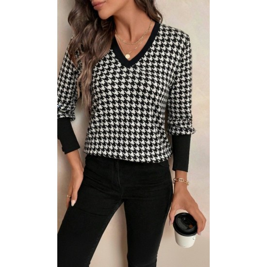 Kadın Uzun Kollu V Yakalı Desenli Süprem Bluz , 29372 Kadın Uzun Kollu V Yakalı Desenli Süprem Bluz , 29372