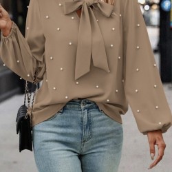 Kadın Uzun Kollu Yakadan Fiyonklu Incili Ithal Krep Bluz, 29391