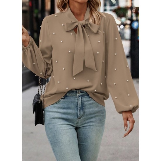 Kadın Uzun Kollu Yakadan Fiyonklu Incili Ithal Krep Bluz, 29391 Kadın Uzun Kollu Yakadan Fiyonklu Incili Ithal Krep Bluz, 29391