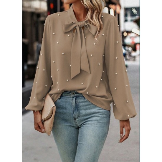 Kadın Uzun Kollu Yakadan Fiyonklu Incili Ithal Krep Bluz, 29391 Kadın Uzun Kollu Yakadan Fiyonklu Incili Ithal Krep Bluz, 29391