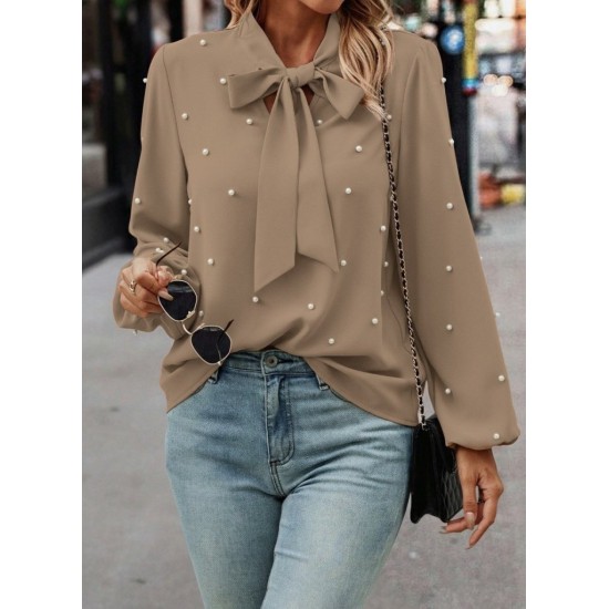 Kadın Uzun Kollu Yakadan Fiyonklu Incili Ithal Krep Bluz, 29391 Kadın Uzun Kollu Yakadan Fiyonklu Incili Ithal Krep Bluz, 29391