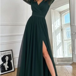 Kadın Uzun Kollu Kruvaze Yakalı Belden Kuşaklı Tüllü Uzun Ithal Krep Elbise, 29379