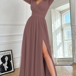 Kadın Uzun Kollu Kruvaze Yakalı Belden Kuşaklı Tüllü Uzun Ithal Krep Elbise, 29378