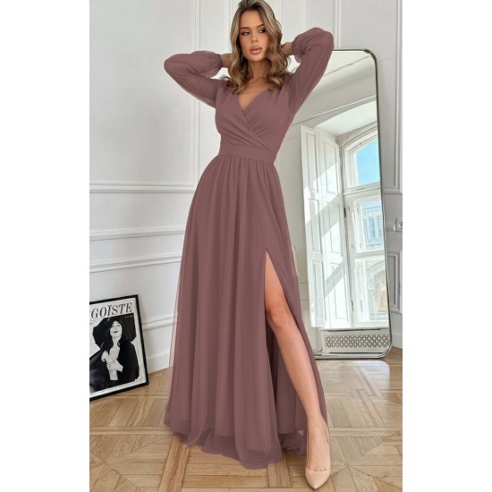 Kadın Uzun Kollu Kruvaze Yakalı Belden Kuşaklı Tüllü Uzun Ithal Krep Elbise, 29378 Kadın Uzun Kollu Kruvaze Yakalı Belden Kuşaklı Tüllü Uzun Ithal Krep Elbise, 29378