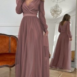 Kadın Uzun Kollu Kruvaze Yakalı Belden Kuşaklı Tüllü Uzun Ithal Krep Elbise, 29378 Kadın Uzun Kollu Kruvaze Yakalı Belden Kuşaklı Tüllü Uzun Ithal Krep Elbise, 29378