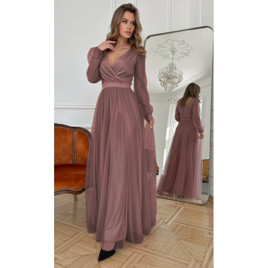 Kadın Uzun Kollu Kruvaze Yakalı Belden Kuşaklı Tüllü Uzun Ithal Krep Elbise, 29378 Kadın Uzun Kollu Kruvaze Yakalı Belden Kuşaklı Tüllü Uzun Ithal Krep Elbise, 29378