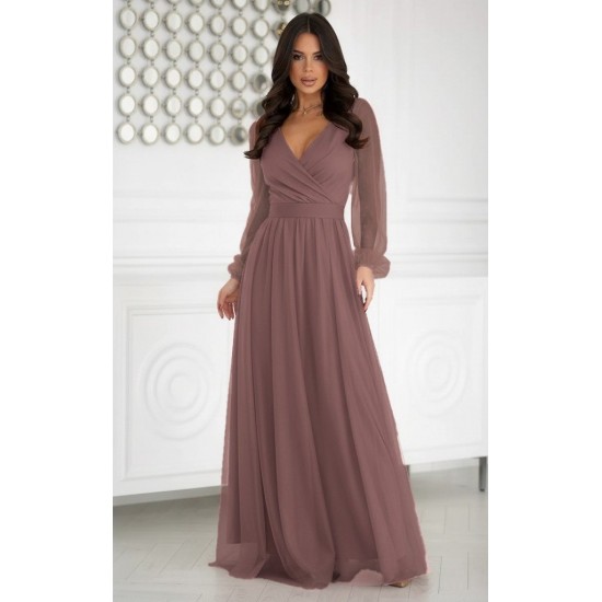 Kadın Uzun Kollu Kruvaze Yakalı Belden Kuşaklı Tüllü Uzun Ithal Krep Elbise, 29378 Kadın Uzun Kollu Kruvaze Yakalı Belden Kuşaklı Tüllü Uzun Ithal Krep Elbise, 29378