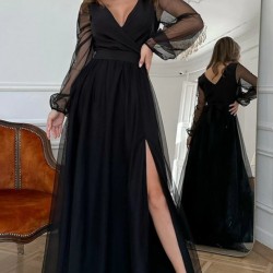 Kadın Uzun Kollu Kruvaze Yakalı Belden Kuşaklı Tüllü Uzun Ithal Krep Elbise , 29377