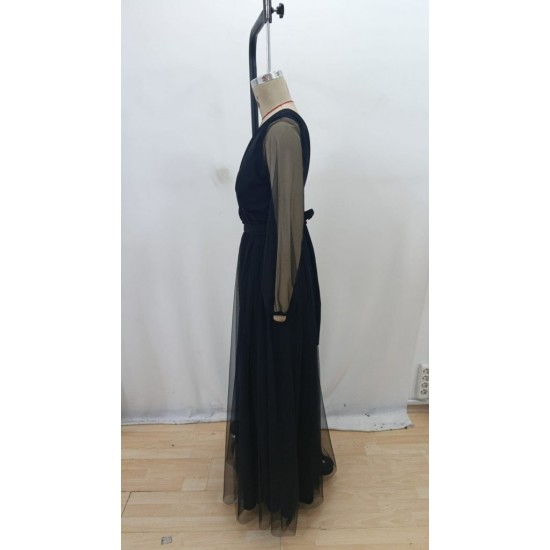 Kadın Uzun Kollu Kruvaze Yakalı Belden Kuşaklı Tüllü Uzun Ithal Krep Elbise , 29377 Kadın Uzun Kollu Kruvaze Yakalı Belden Kuşaklı Tüllü Uzun Ithal Krep Elbise , 29377