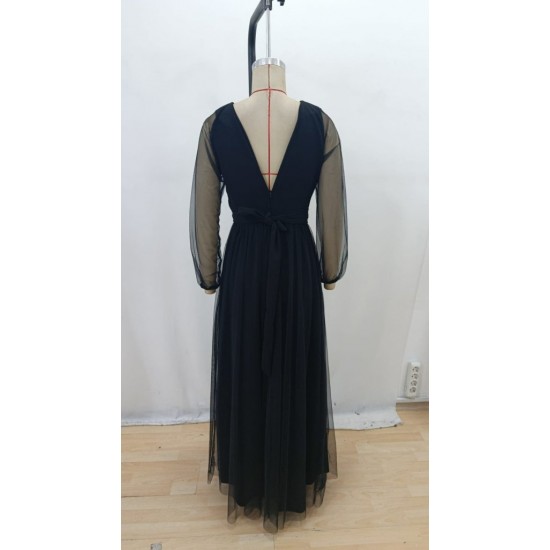 Kadın Uzun Kollu Kruvaze Yakalı Belden Kuşaklı Tüllü Uzun Ithal Krep Elbise , 29377 Kadın Uzun Kollu Kruvaze Yakalı Belden Kuşaklı Tüllü Uzun Ithal Krep Elbise , 29377