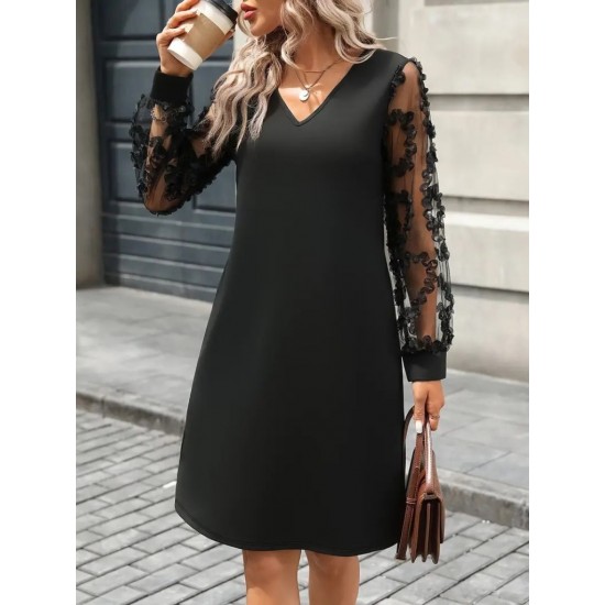 Kadın Uzun Kollu V Yakalı Tüllü Kısa Ithal Krep Mini Elbise, 29373