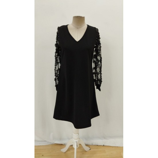 Kadın Uzun Kollu V Yakalı Tüllü Kısa Ithal Krep Mini Elbise, 29373