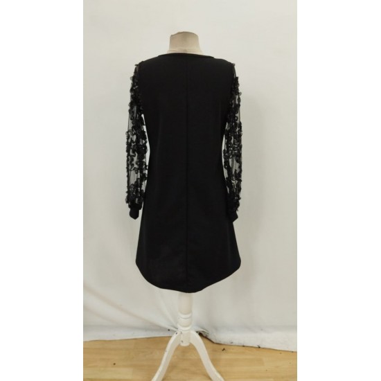 Kadın Uzun Kollu V Yakalı Tüllü Kısa Ithal Krep Mini Elbise, 29373