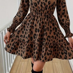 Kadın Uzun Kollu Yarı Balıkçı Yaka Leopar Desenli Modal Mini Elbise , 29395