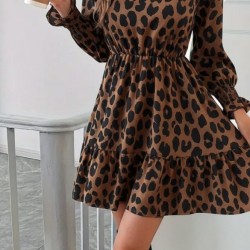 Kadın Uzun Kollu Yarı Balıkçı Yaka Leopar Desenli Modal Mini Elbise , 29395