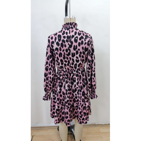 Kadın Uzun Kollu Yarı Balıkçı Yaka Leopar Desenli Modal Mini Elbise , 29393