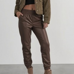 Kadın Yüksek Bel Lastikli önü Düğmeli Deri Pantolon , 29405