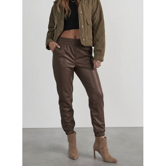 Kadın Yüksek Bel Lastikli önü Düğmeli Deri Pantolon , 29405