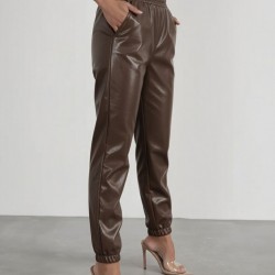 Kadın Yüksek Bel Lastikli önü Düğmeli Deri Pantolon , 29405