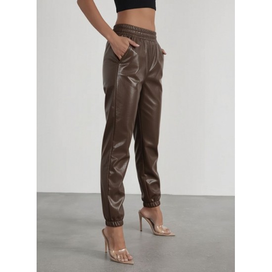 Kadın Yüksek Bel Lastikli önü Düğmeli Deri Pantolon , 29405