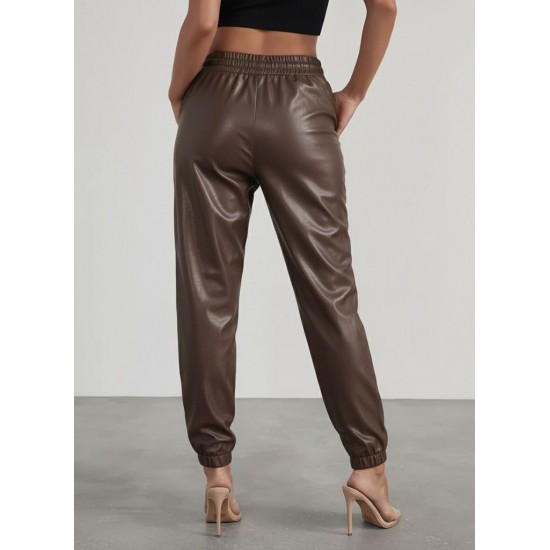 Kadın Yüksek Bel Lastikli önü Düğmeli Deri Pantolon , 29405