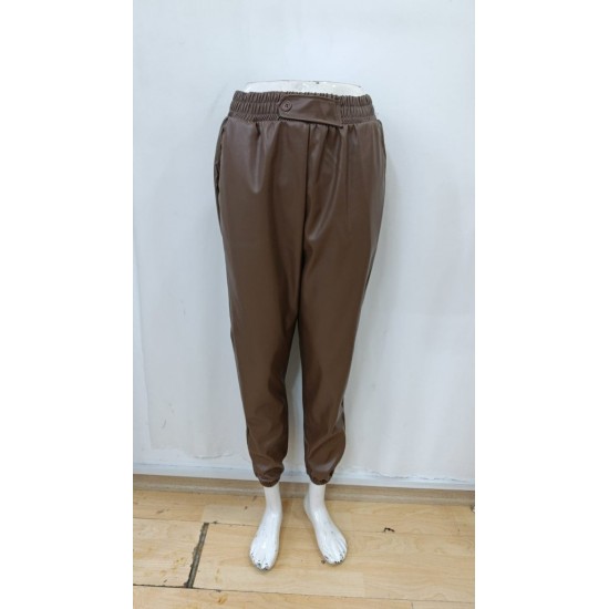 Kadın Yüksek Bel Lastikli önü Düğmeli Deri Pantolon , 29405