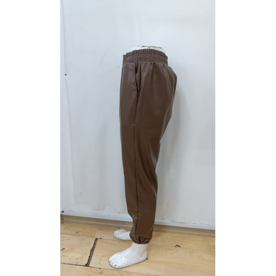 Kadın Yüksek Bel Lastikli önü Düğmeli Deri Pantolon , 29405