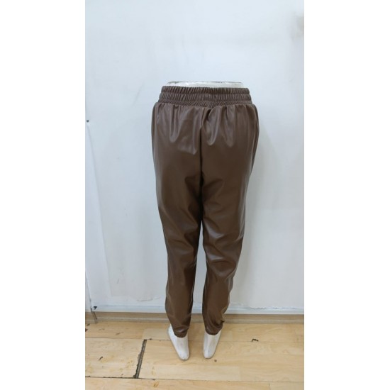 Kadın Yüksek Bel Lastikli önü Düğmeli Deri Pantolon , 29405