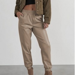 Kadın Yüksek Bel Lastikli önü Düğmeli Deri Pantolon , 29404