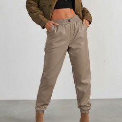 Kadın Yüksek Bel Lastikli önü Düğmeli Deri Pantolon , 29404