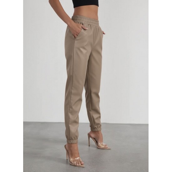 Kadın Yüksek Bel Lastikli önü Düğmeli Deri Pantolon , 29404