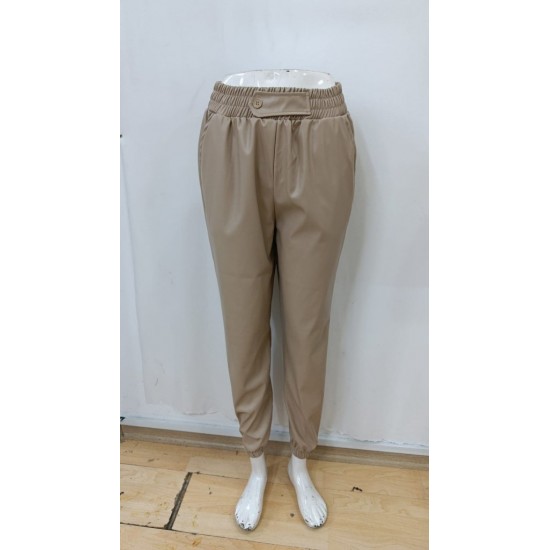 Kadın Yüksek Bel Lastikli önü Düğmeli Deri Pantolon , 29404