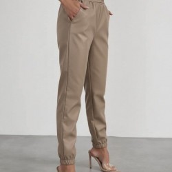 Kadın Yüksek Bel Lastikli önü Düğmeli Deri Pantolon , 29404