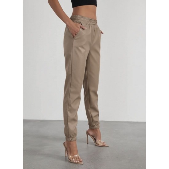 Kadın Yüksek Bel Lastikli önü Düğmeli Deri Pantolon , 29404