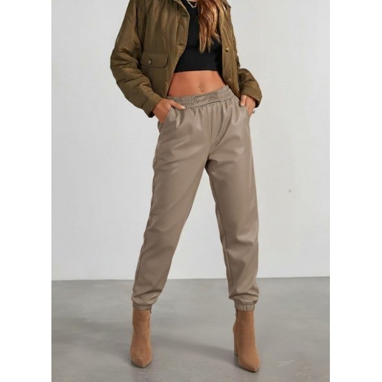 Kadın Yüksek Bel Lastikli önü Düğmeli Deri Pantolon , 29404