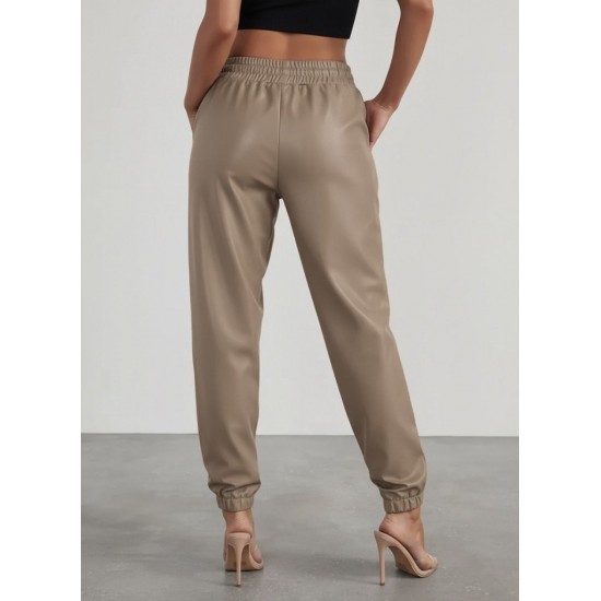 Kadın Yüksek Bel Lastikli önü Düğmeli Deri Pantolon , 29404