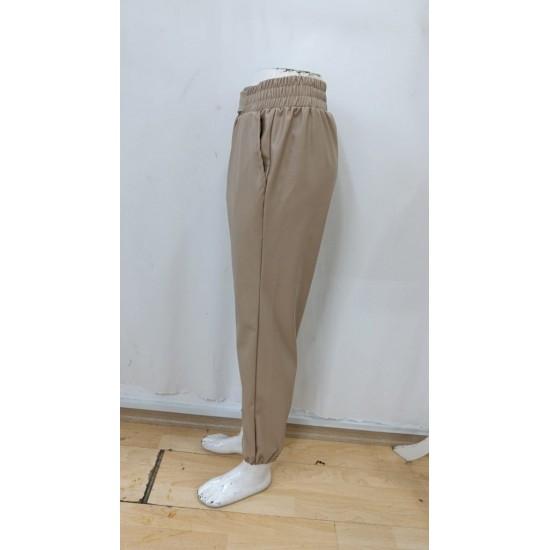 Kadın Yüksek Bel Lastikli önü Düğmeli Deri Pantolon , 29404