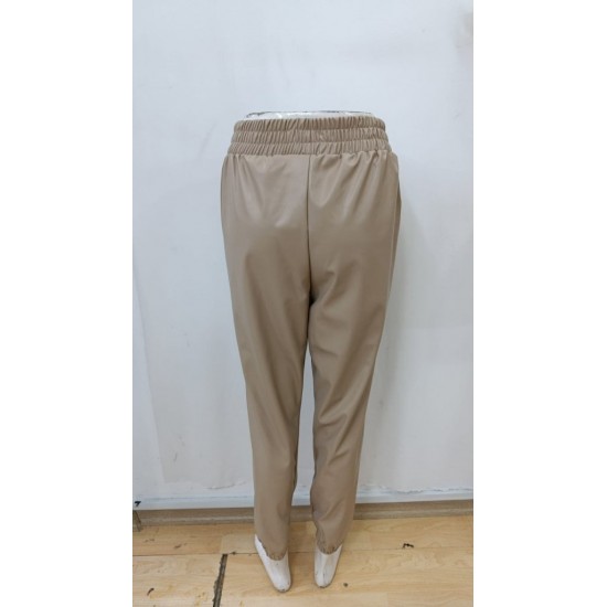 Kadın Yüksek Bel Lastikli önü Düğmeli Deri Pantolon , 29404