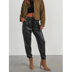 Kadın Yüksek Bel Lastikli önü Düğmeli Deri Pantolon , 29403