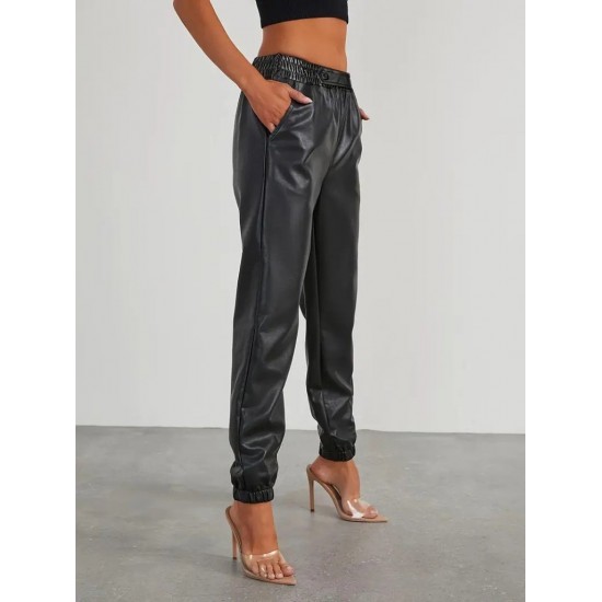 Kadın Yüksek Bel Lastikli önü Düğmeli Deri Pantolon , 29403