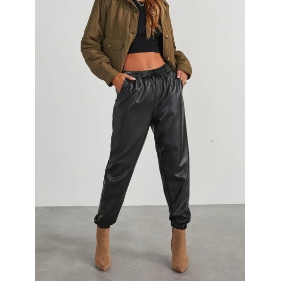 Kadın Yüksek Bel Lastikli önü Düğmeli Deri Pantolon , 29403