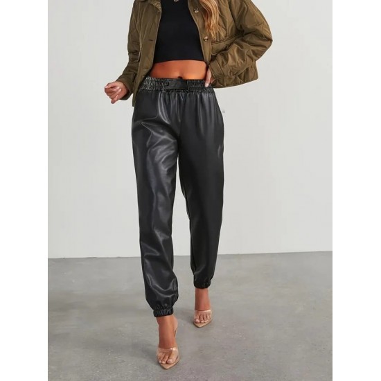 Kadın Yüksek Bel Lastikli önü Düğmeli Deri Pantolon , 29403